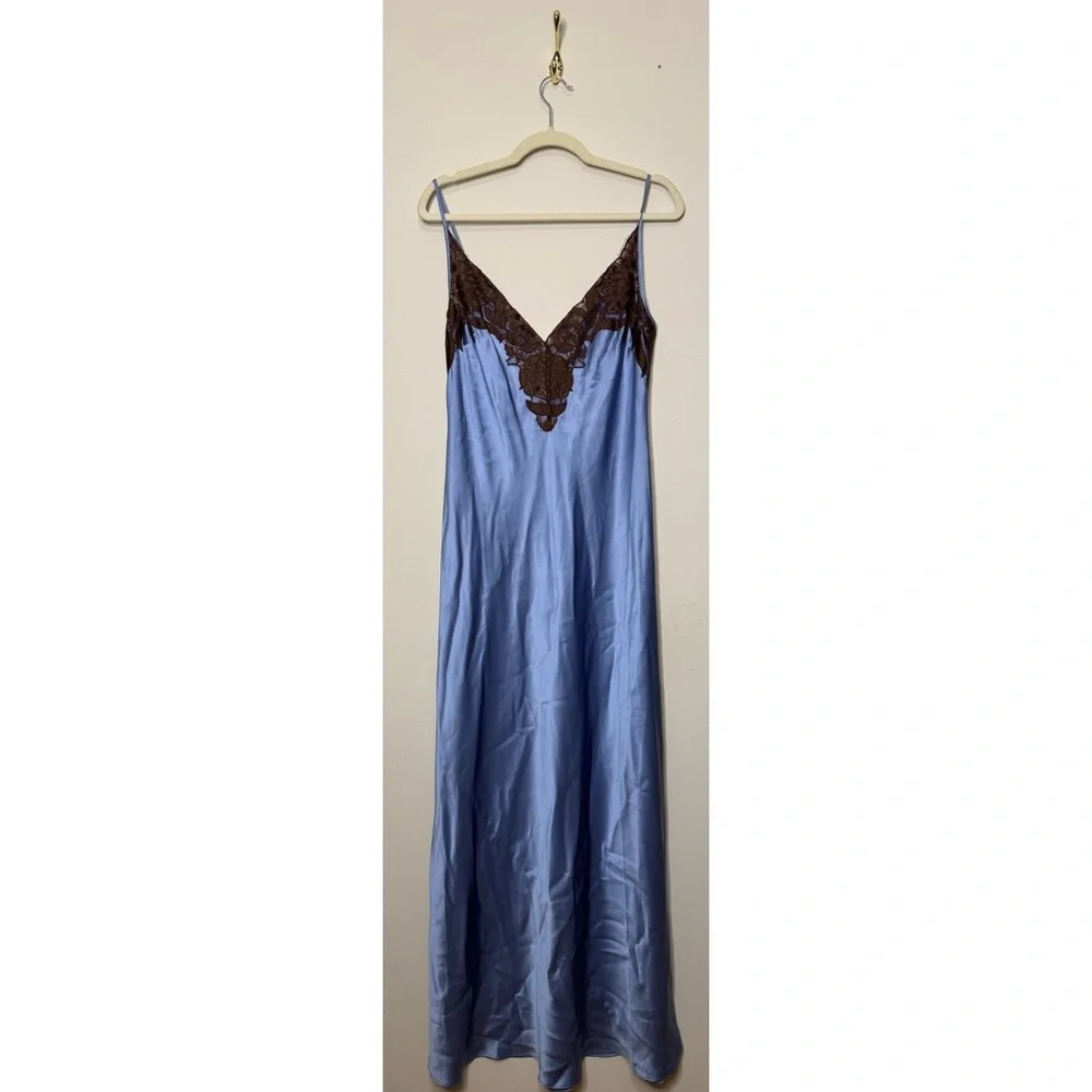 SIR the label Blue Satin Slip Dress with Brown Lace Trim - Picture 7 of 12